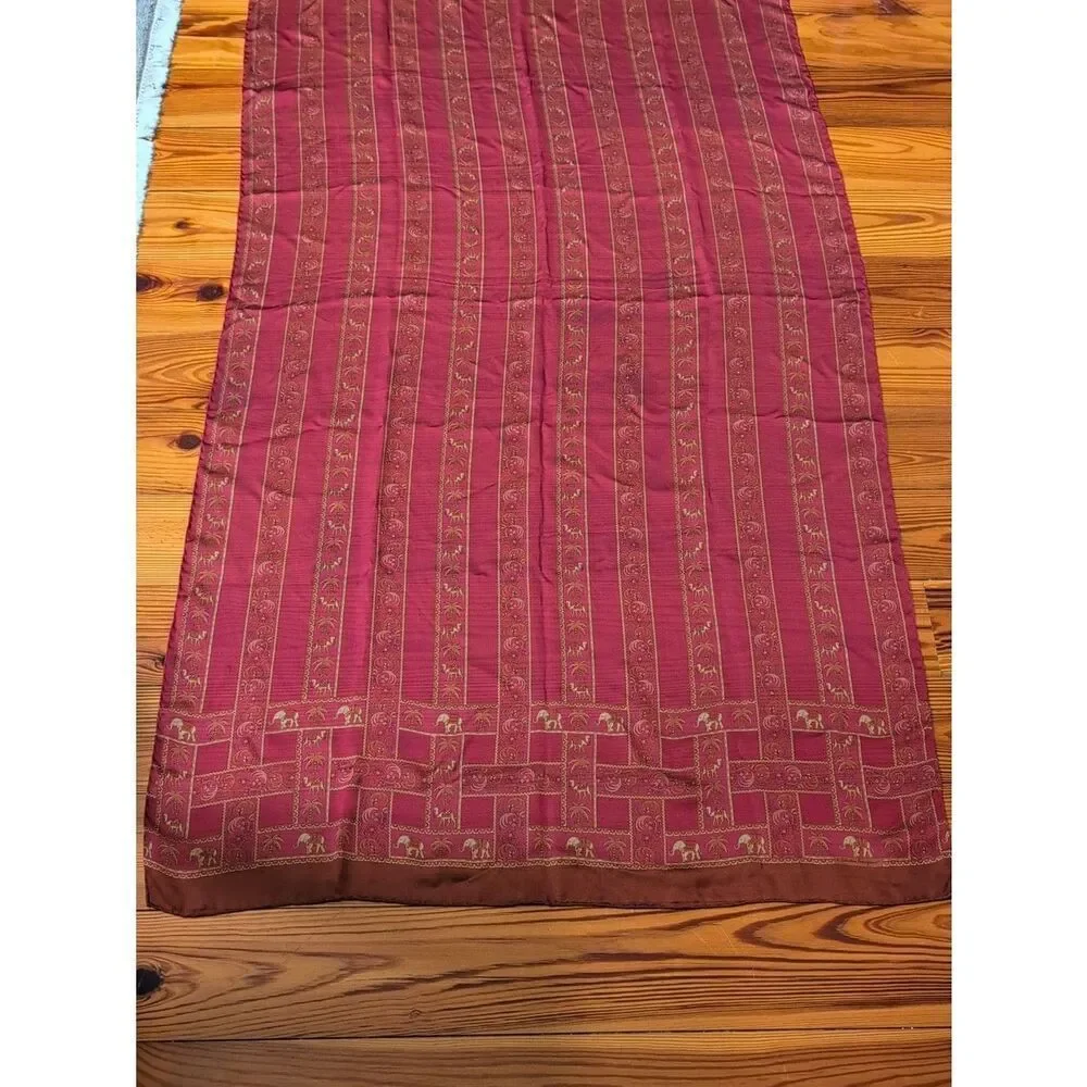 Salvatore Ferragamo Burgundy Silk Striped Floral Scarf with Elephants and Camels